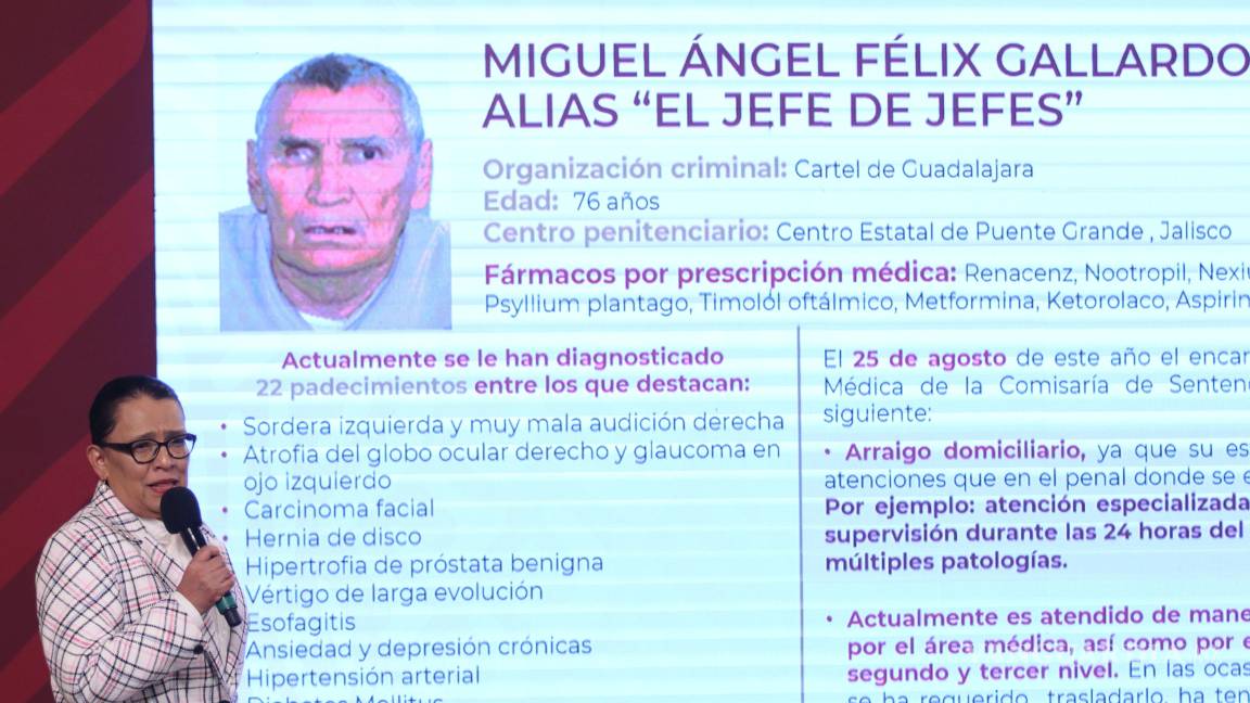 $!Rosa Icela Rodríguez, secretaria de Seguridad y Protección Ciudadana, muestra durante la conferencia matutina una diapositiva con la ficha médica de Miguel Ángel Félix Gallardo El Jefe de Jefes, fundador del cártel de Guadalajara.