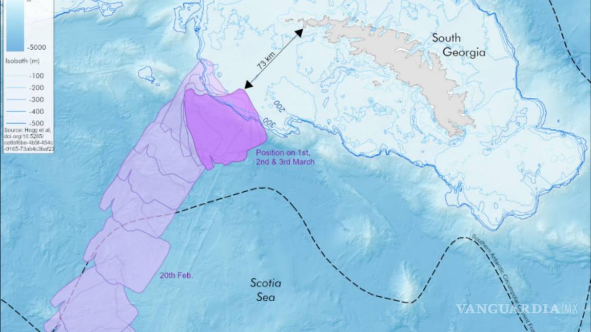 $!Este gráfico muestra la ruta que ha seguido el iceberg A23a desde el 17 de enero de 2025 y que ha permanecido estático desde el 1 de marzo.