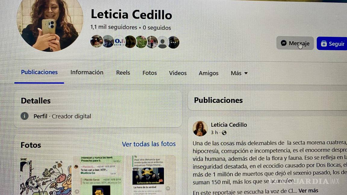 $!Este es el único medio donde Leticia Cedillo crea contenidos digitales, su Facebook.