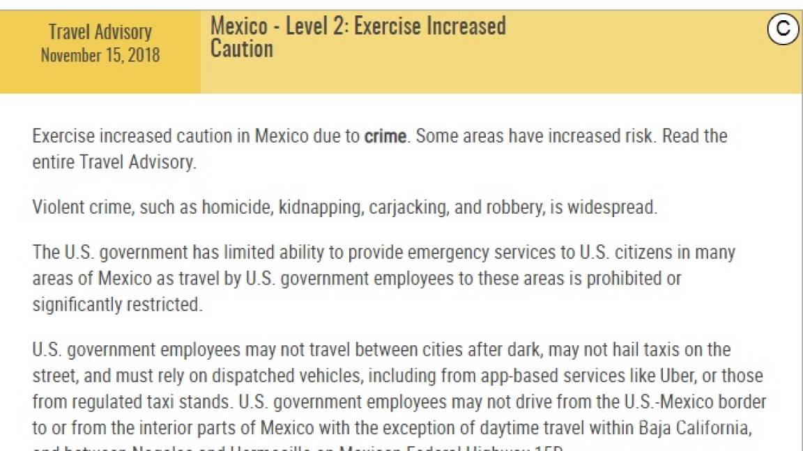Malas noticias... Actualiza EU a Coahuila en alerta de viaje, además incluye a Chihuahua, Durango, Morelos, Nayarit y Oaxaca