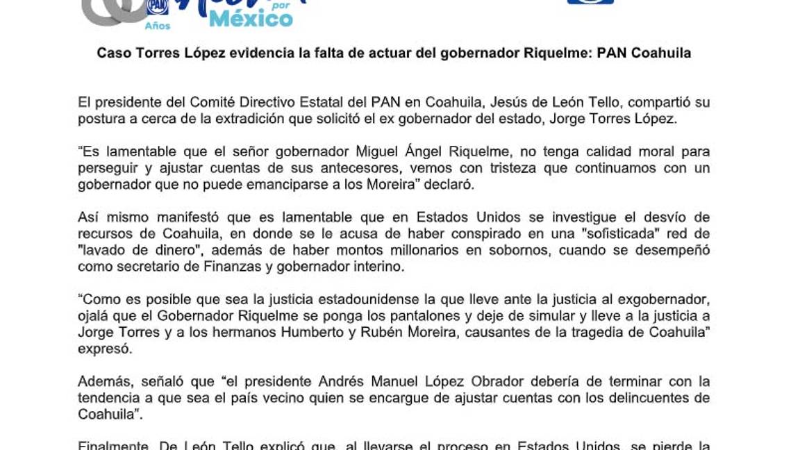 $!Extradición de Torres López evidencia falta de acciones del gobernador Riquelme en el caso: PAN Coahuila