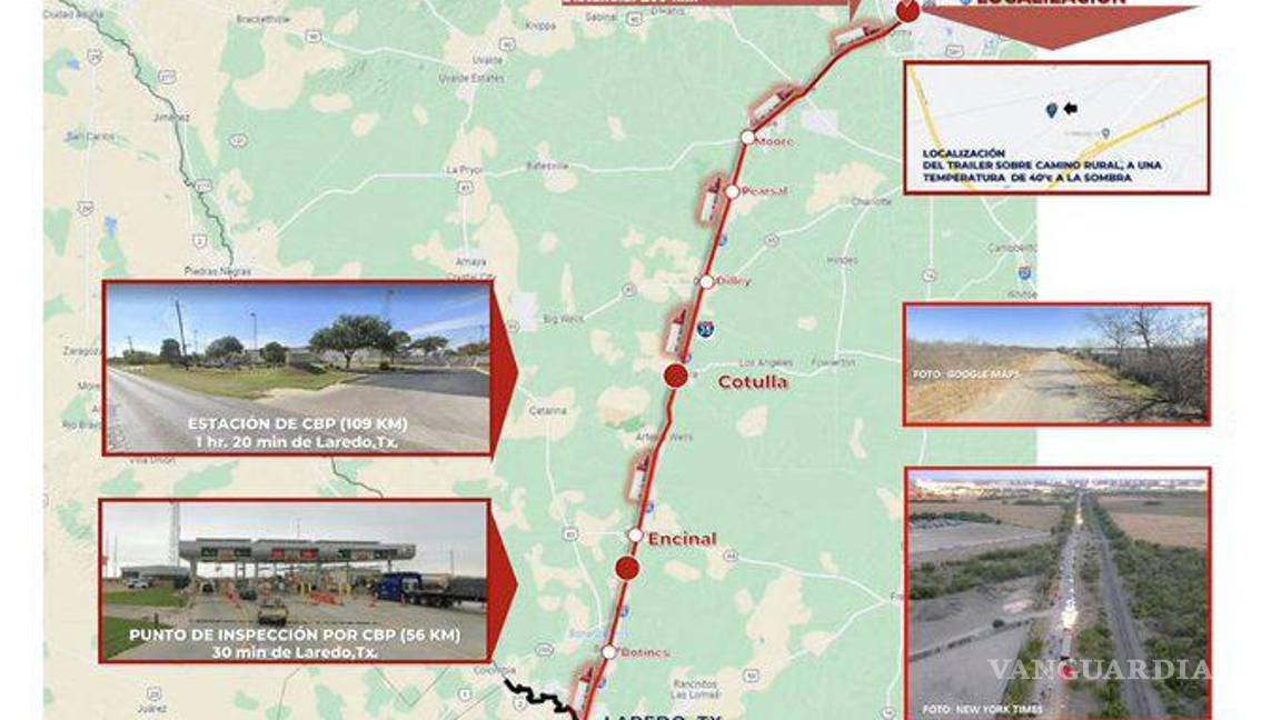 $!Recorrido del tráiler con más de 60 migrantes en territorio estadounidense.