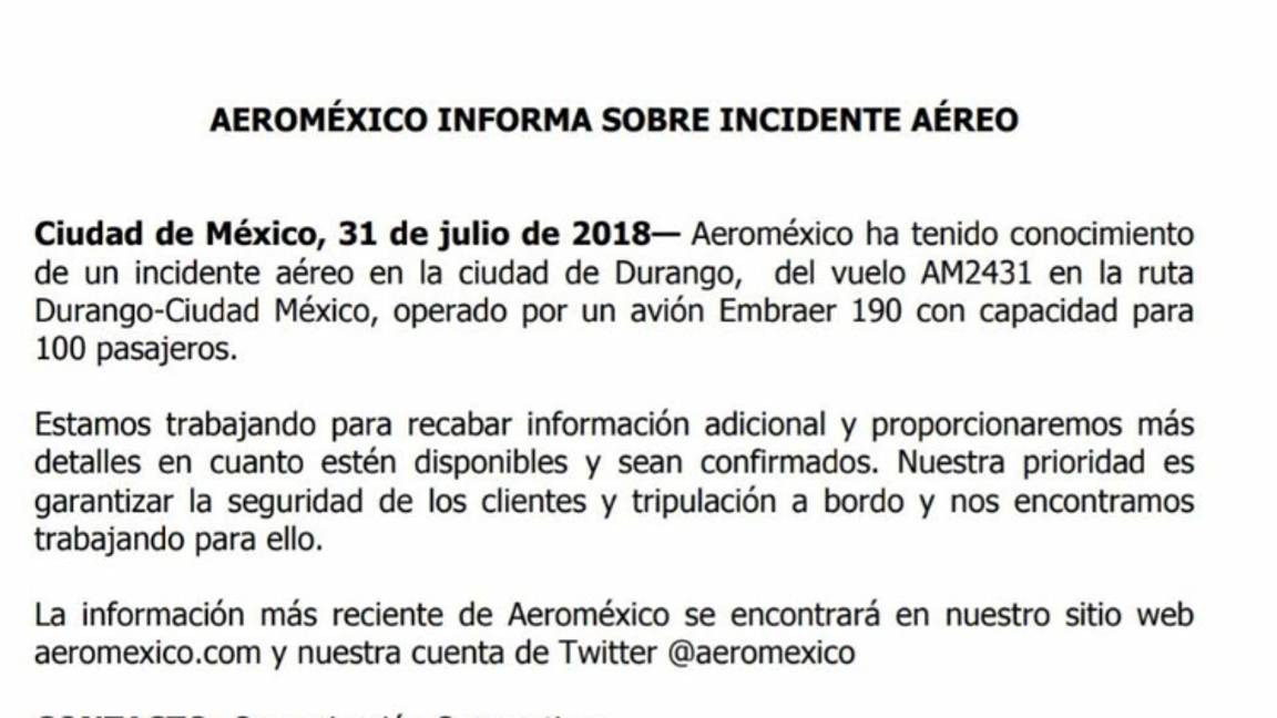 $!Se desploma avión de Aeroméxico a minutos de haber despegado; Gobernador de Durango informa que no hubo fallecidos