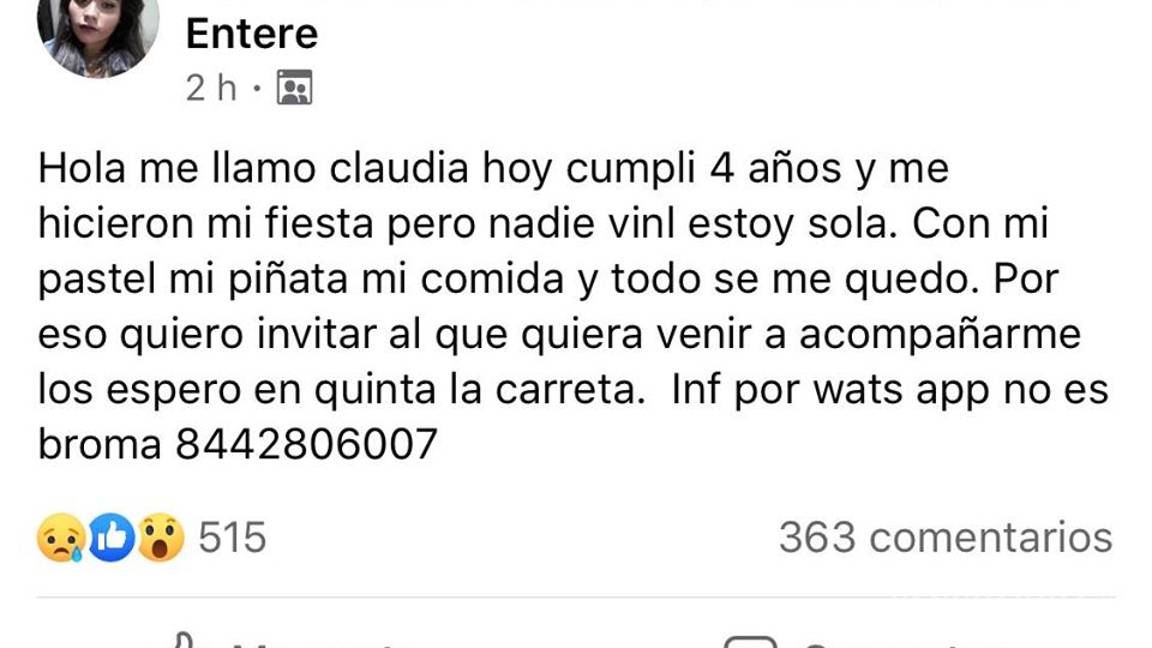 $!En Saltillo invitados 'plantan' a niña en su cumpleaños, usuarios se enteran y le llevan a 'Bely y Beto'