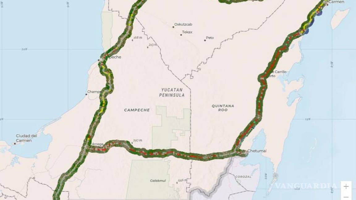 $!Área ocupada por el Tren Maya. Los puntos rojos corresponden a la deforestación ilegal. Fuente: CartoCrítica.