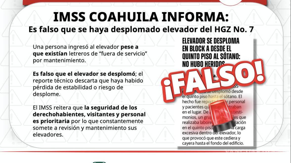 $!IMSS desmiente rumores sobre desplome de elevador en HGZ No. 7 de Monclova