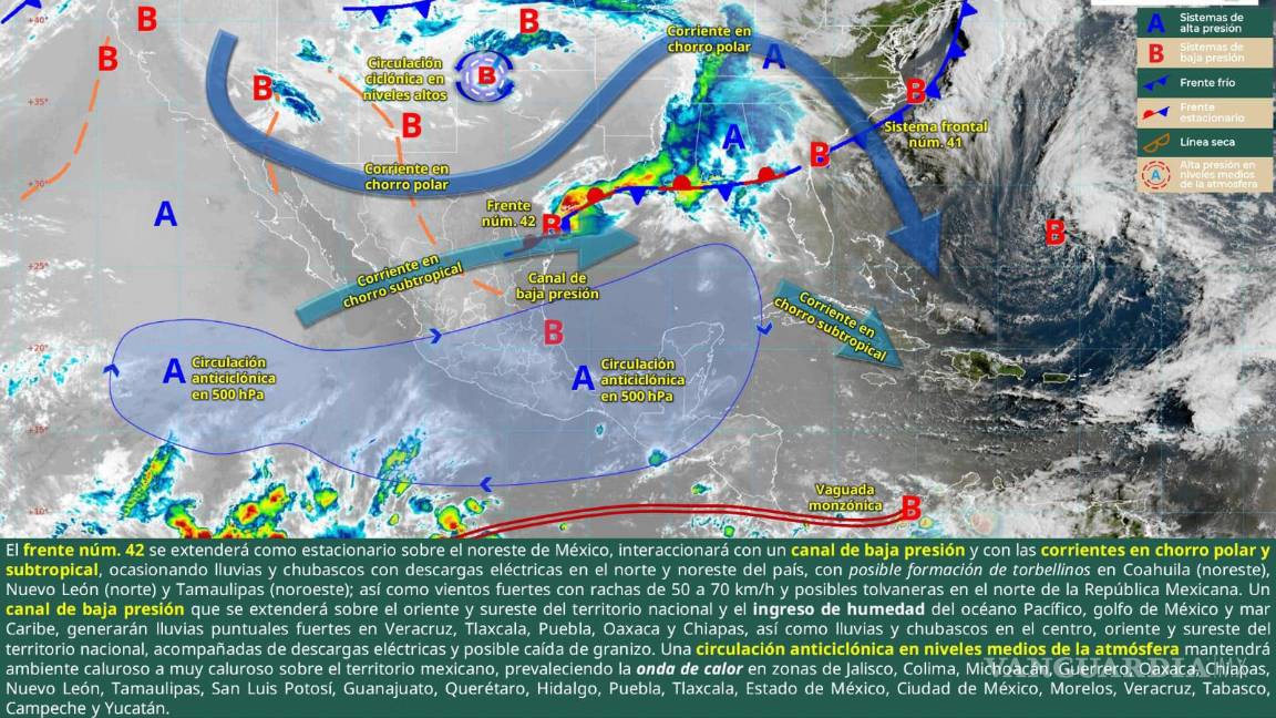 $!Imagen ilustrativa del Sistema Meteorológico Nacional que advierte sobre lluvias, vientos fuertes y posible formación de torbellinos en Coahuila.