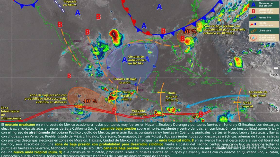 $!Imagen satelital del Servicio Meteorológico Nacional muestra el canal de baja presión que provoca lluvias y tormentas en Coahuila.