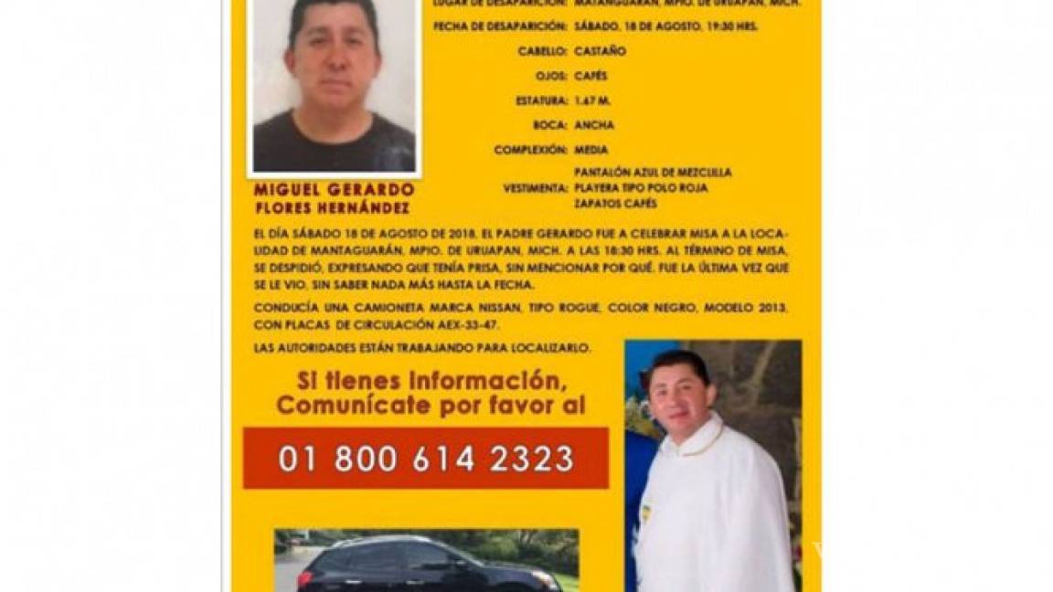 Localizan sin vida a sacerdote desaparecido en Michoacán