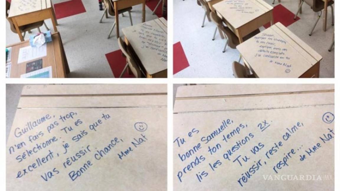 Maestra deja mensajes de apoyo a alumnos durante exámenes