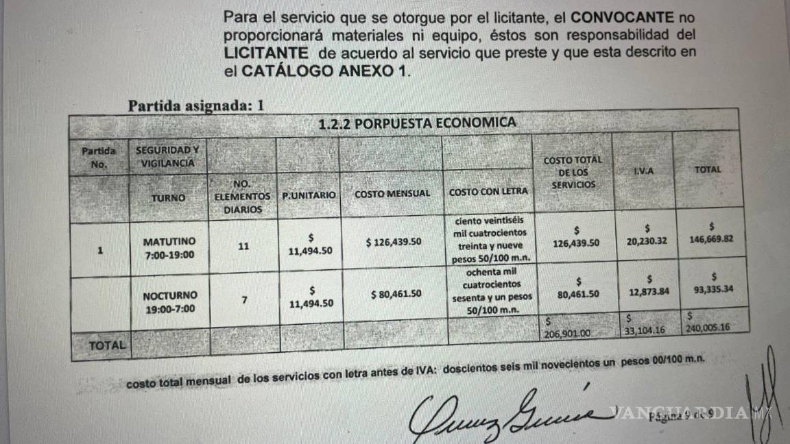$!La propuesta económica que se hizo para ese contrato firmado para la seguridad privada de la Clínica del Magisterio.