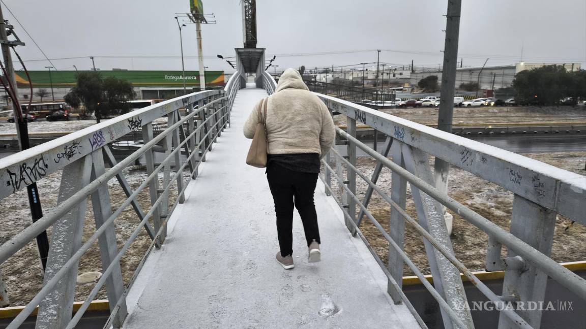 $!Puente peatonal en Saltillo cubierto de nieve.