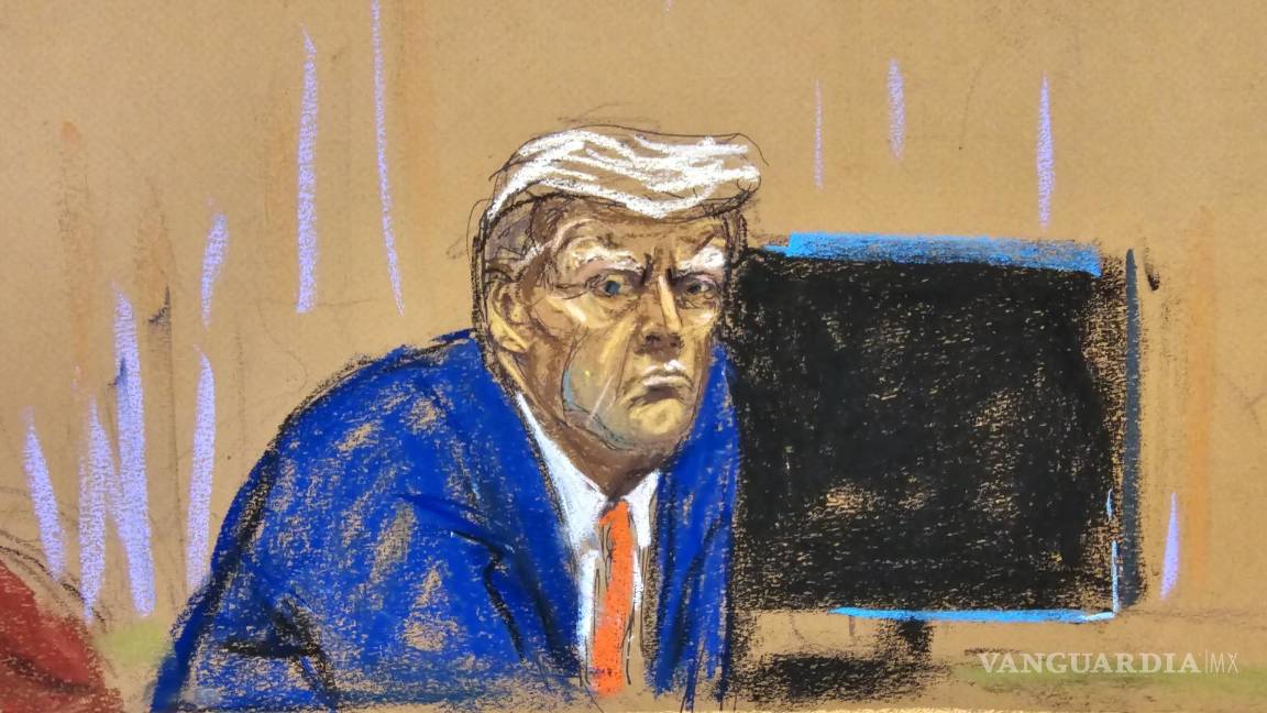 $!Un dibujo por la artista Jane Rosenberg, del expresidente estadounidense, Donald Trump, durante la audiencia de selección de jurado de su juicio penal.