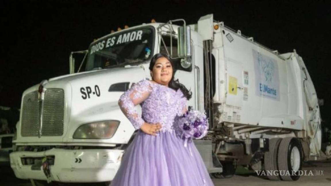 Quinceañera y orgullosa: joven hace sesión de fotos frente al camión de basura de su padre
