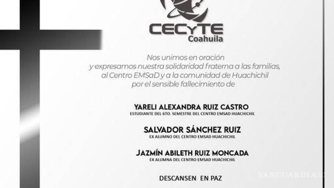 ‘Descansen en paz’; Cecyte Coahuila de luto por muerte de 3 estudiantes en accidente de Arteaga