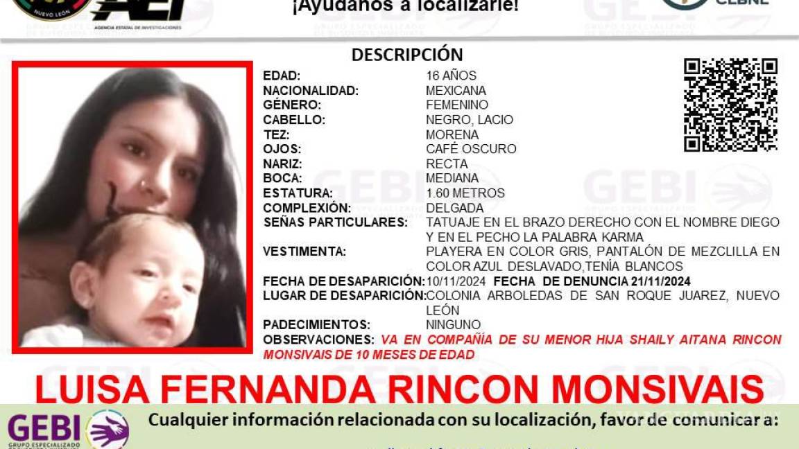 Joven de 16 años desaparece en Nuevo León, junto a su hija de 10 meses