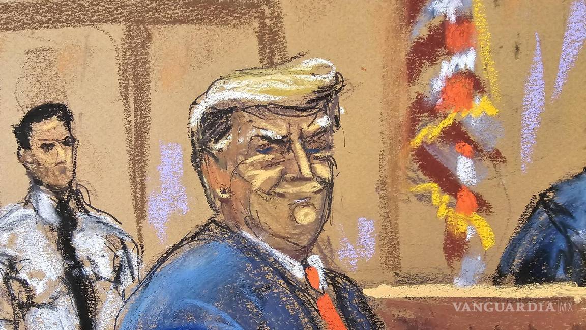 $!Dibujo donde aparece Donald Trump, mientras sonríe a los miembros del jurado durante la audiencia de selección estos en el Tribunal Penal de Manhattan.