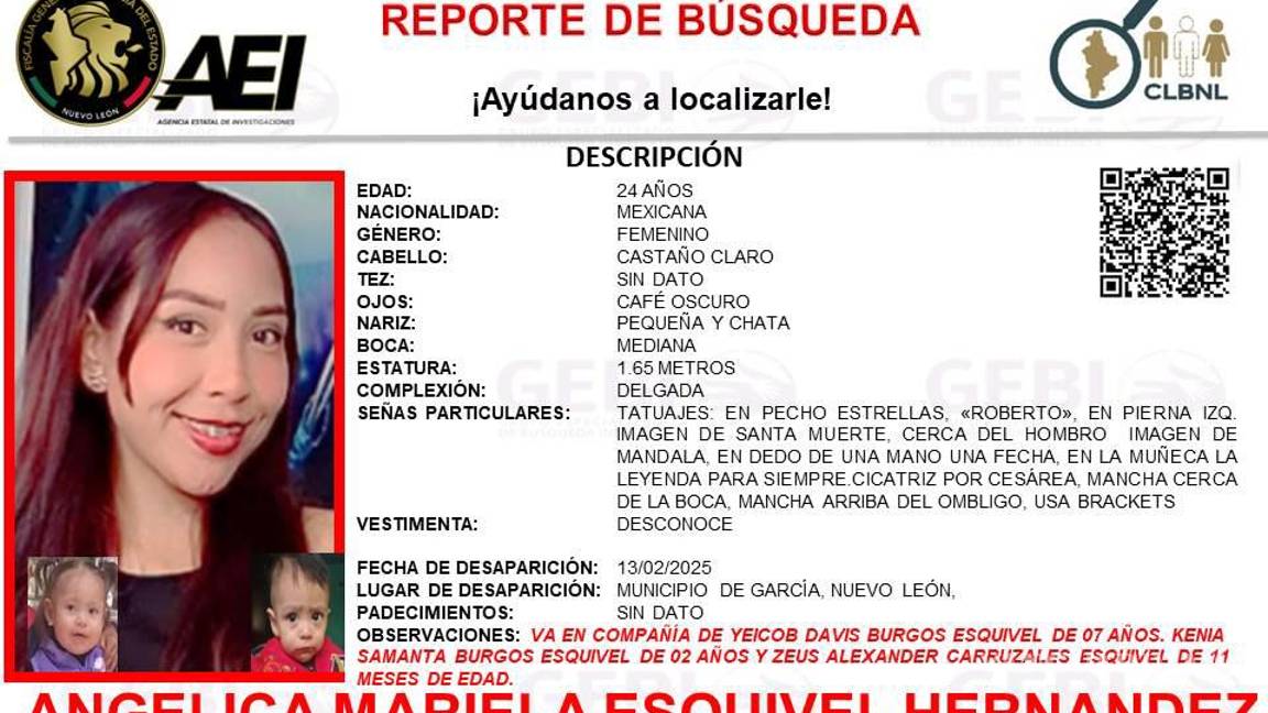 Buscan a joven madre de familia desaparecida con sus tres hijos en Nuevo León