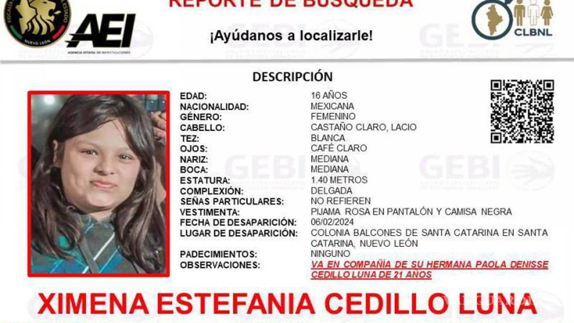 $!Una de las jóvenes desaparecida tiene 16 años de edad y se llama Ximena Estefanía Cedillo Luna.