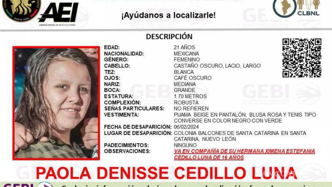 $!La mayor de las hermanas se llama Paola Denisse Cedillo Luna y tiene 21 años de edad, compartieron las autoridades