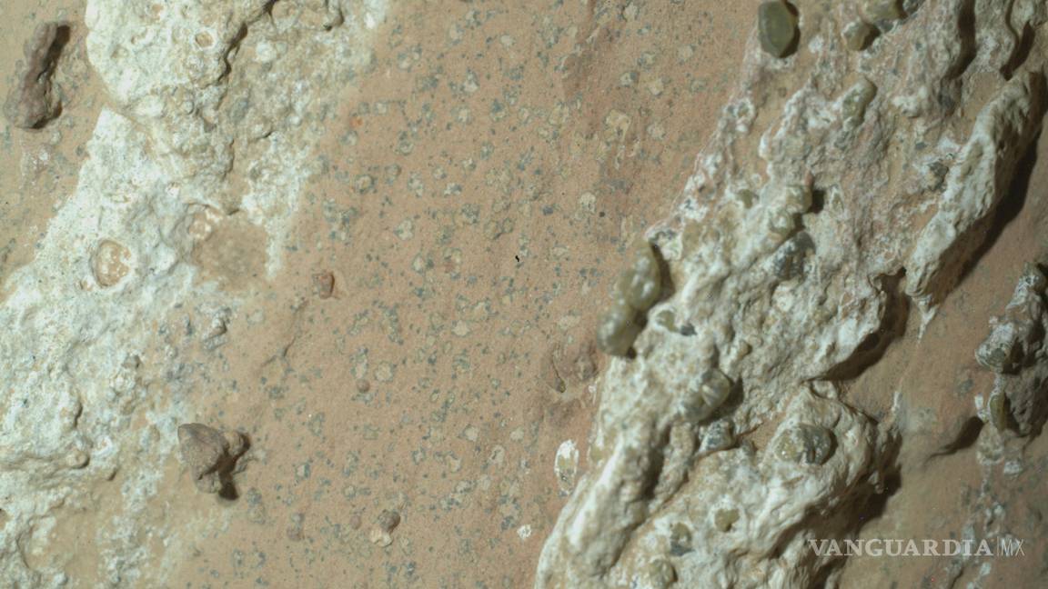 $!Esta imagen muestra manchas de leopardo en una roca rojiza apodada “Cascada Cheyava” en el cráter Jezero de Marte, descubierto por el rover Perseverance.