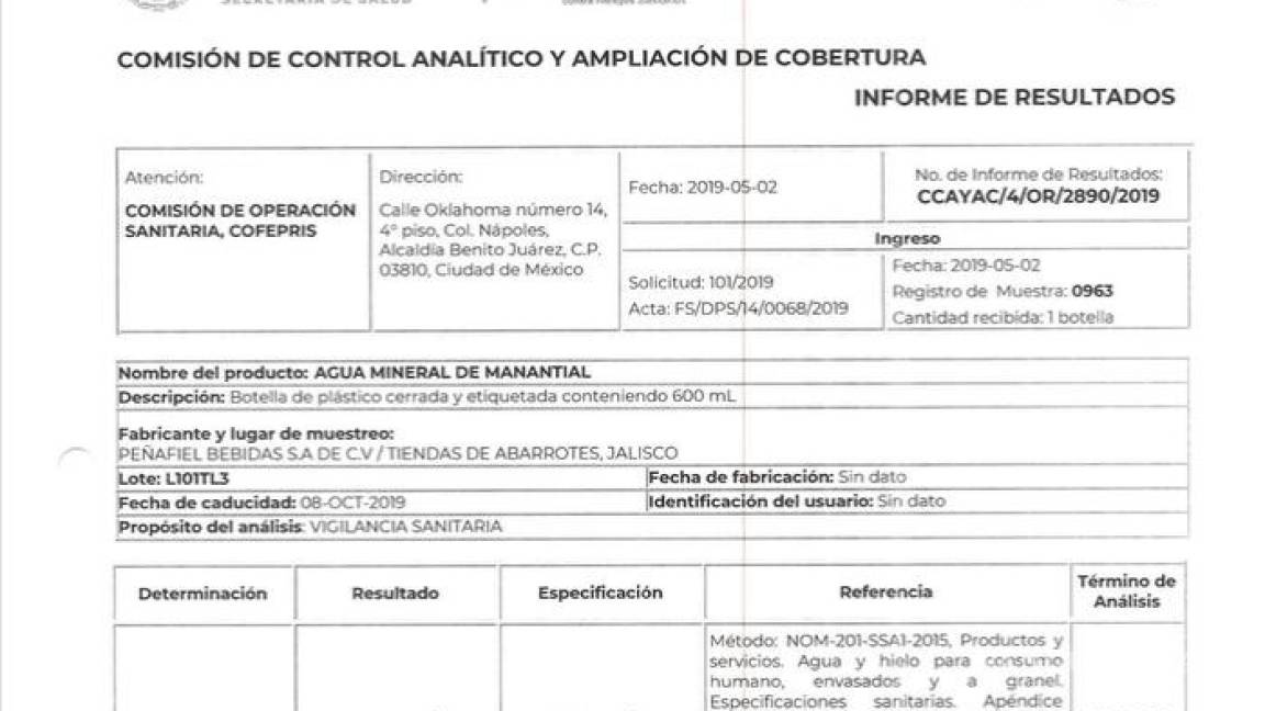 $!Informe de resultados de muestras tomadas a botellas de 600 ml. de agua mineral Peñafiel en Jalisco.