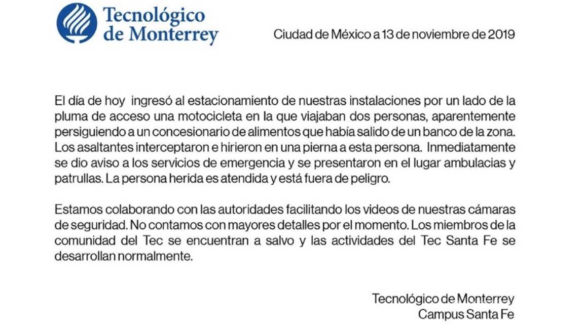 $!Reportan disparos en Tec de Monterrey Santa Fe, al menos un herido