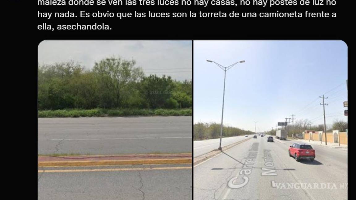 $!La periodista analiza las imágenes y concluye que no existen viviendas atrás de la maleza, lo que indica que las luces sí podrían ser de un vehículo.