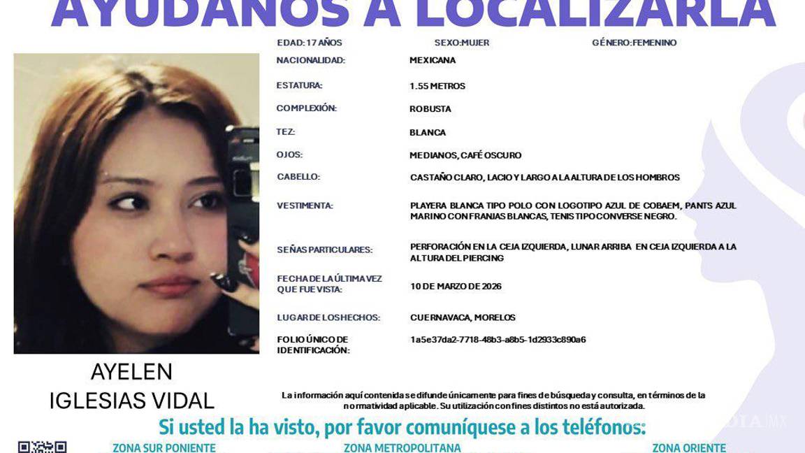 $!Desaparece otra alumna en Morelos: Fiscalía emite ficha por Ayelen Iglesias Vidal, estudiante del COBAEM