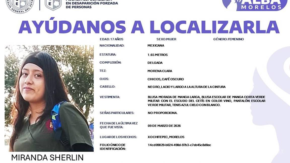 $!Desaparece Miranda Sherlin Sánchez Escobar, estudiante del CETIS en Morelos: Fiscalía