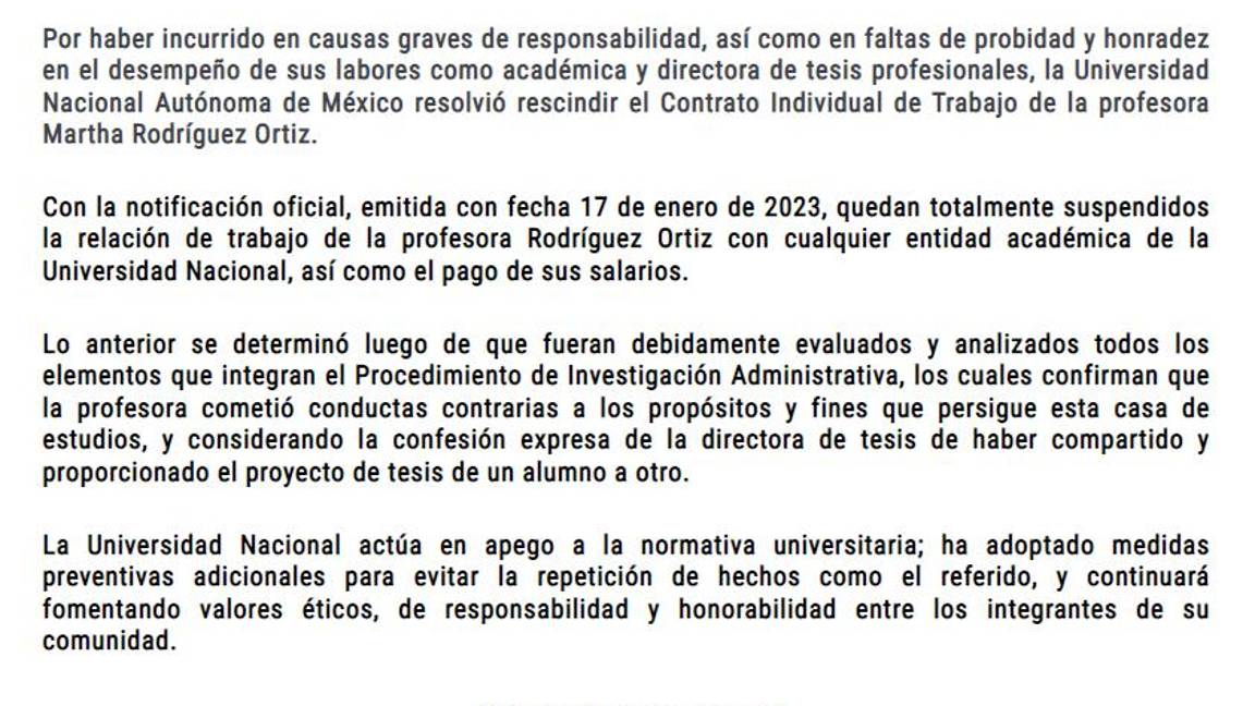 $!UNAM despide a la asesora de tesis de la ministra Yasmín Esquivel