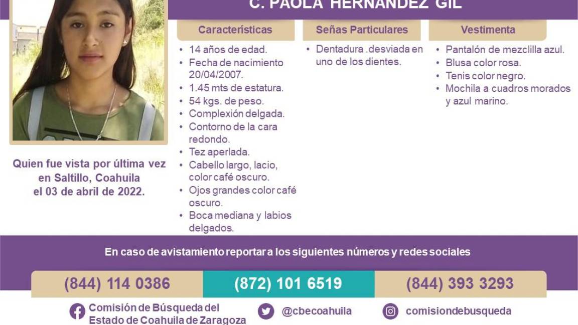 Paola Hernández Gil se encuentra desaparecida desde el 3 de abril