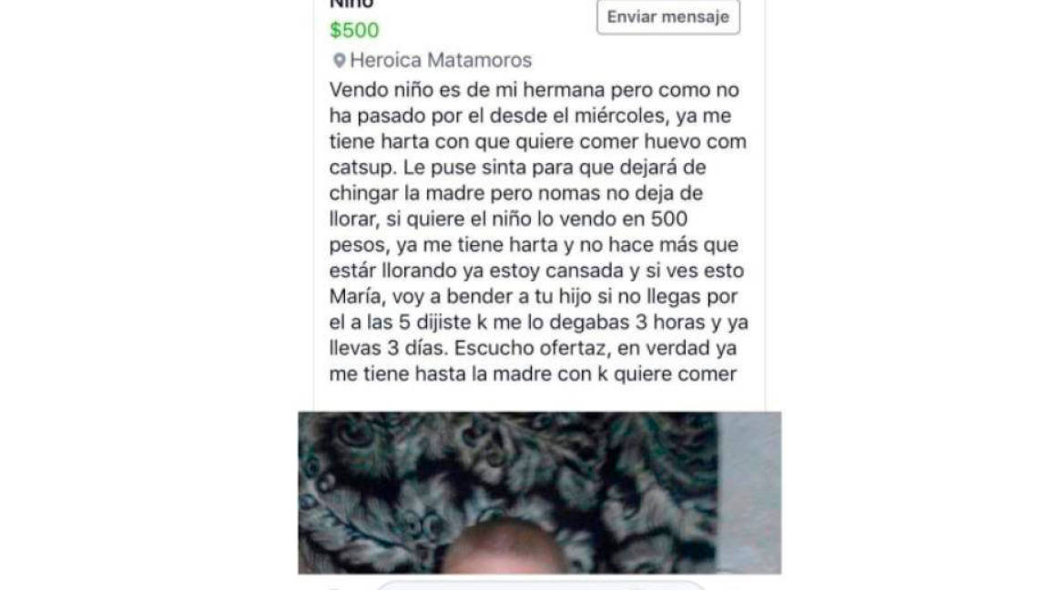 Mujer intenta vender a su sobrino en Facebook por 500 pesos