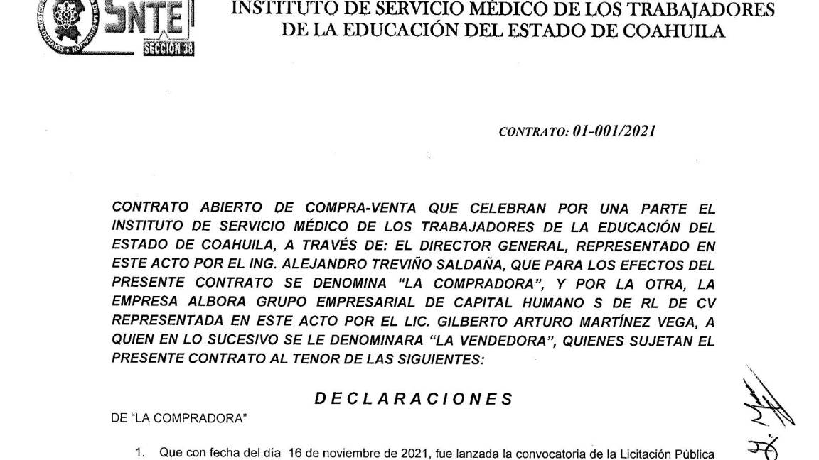 $!Este es el contrato que firmó la Clínica del Magisterio a finales de 2021 con la empresa Albora Grupo Empresarial, propiedad del hijo del líder del SNTE.