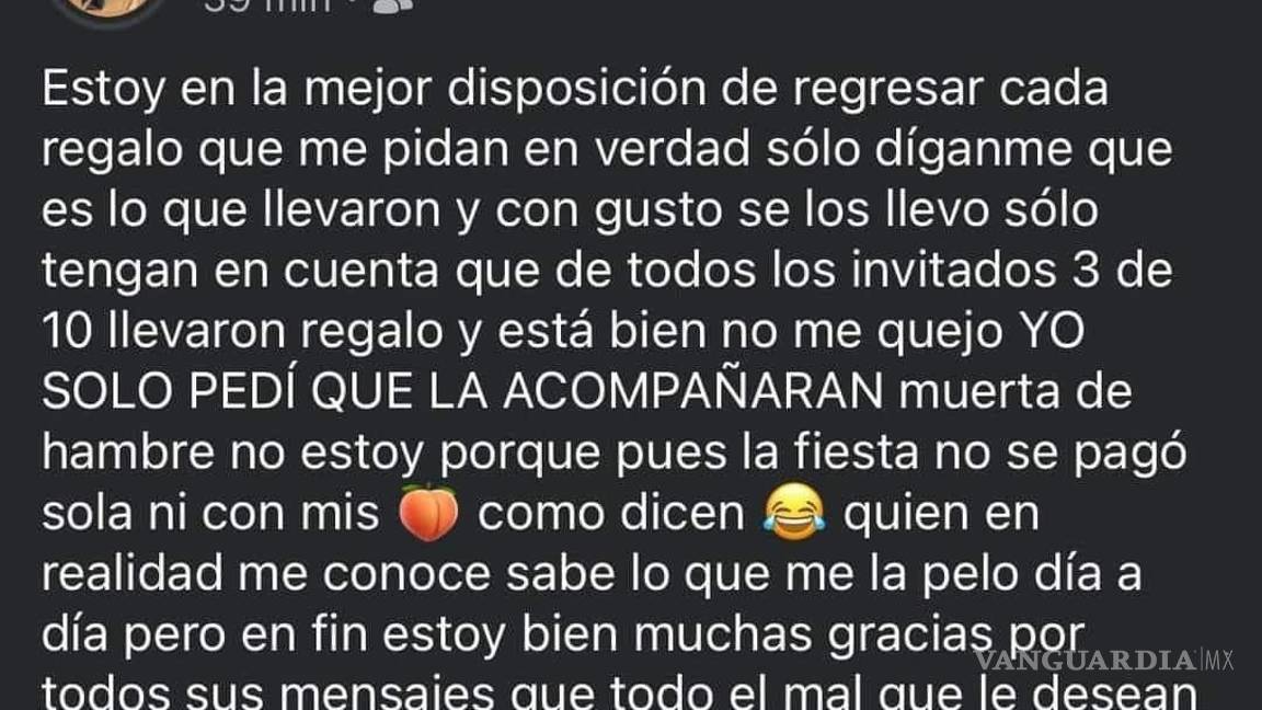 $!Joven de Monterrey invita por Facebook a fiesta infantil; corre a invitados, y vende los regalos de su hija en Marketplace