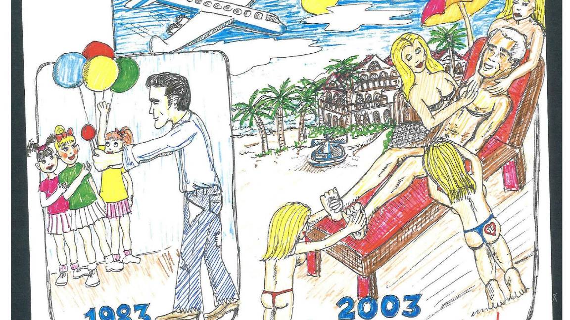 $!Dibujo en donde en la primera imagen aparece regalando globos a cuatro niñas, y en la segunda, en una hamaca recibiendo un masaje de cuatro mujeres.