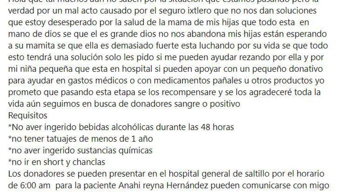 Saltillo: Padre clama por ayuda para su bebé y esposa; señala mal procedimiento en Hospital Ixtlero