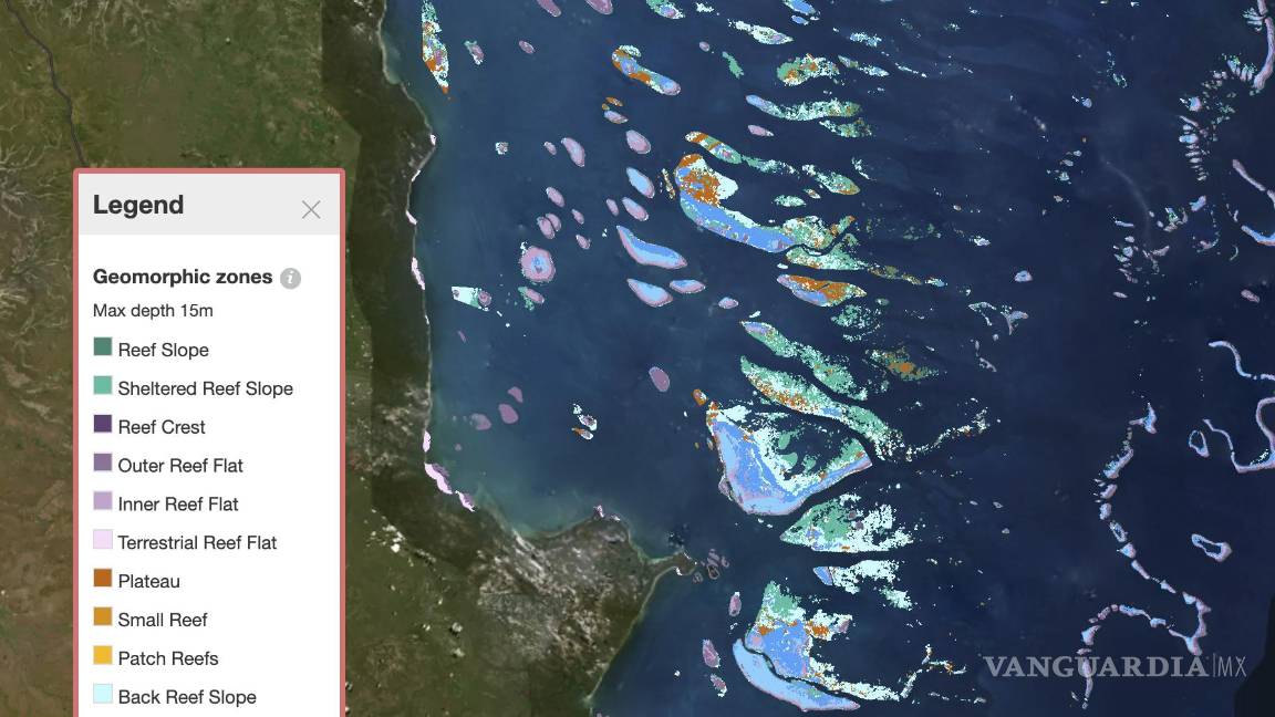 $!Captura de pantalla del 1 de septiembre de 2021 proporcionada por Allen Coral Atlas muestra un mapa de la Gran Barrera de Coral en Australia. AP/Allen Coral Atlas