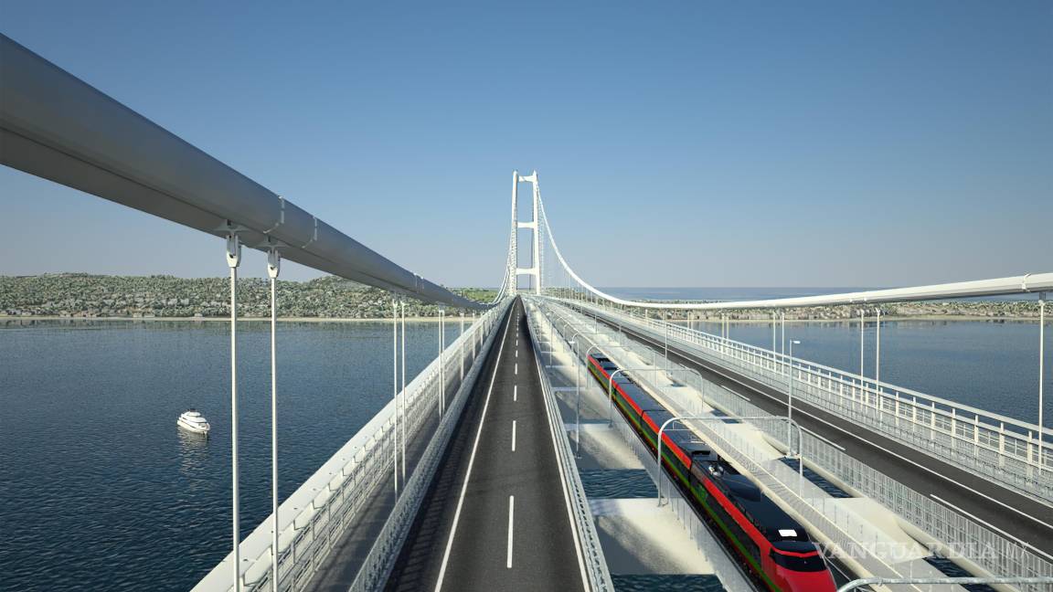 $!El tramo colgante (vano principal) del puente tendrá 3.300 metros de longitud y estará suspendido en el aire a 70 metros sobre el agua.