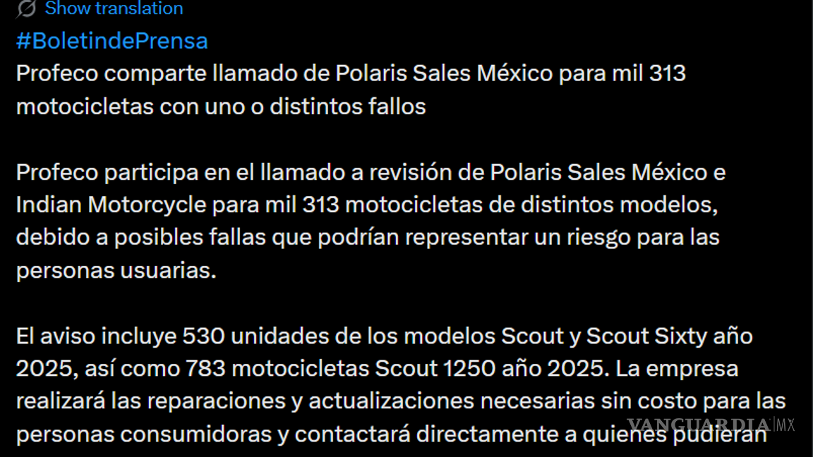 $!La Procuraduría Federal del Consumidor (Profeco) informó que Polaris Sales México e Indian Motorcycle iniciaron un llamado a revisión.