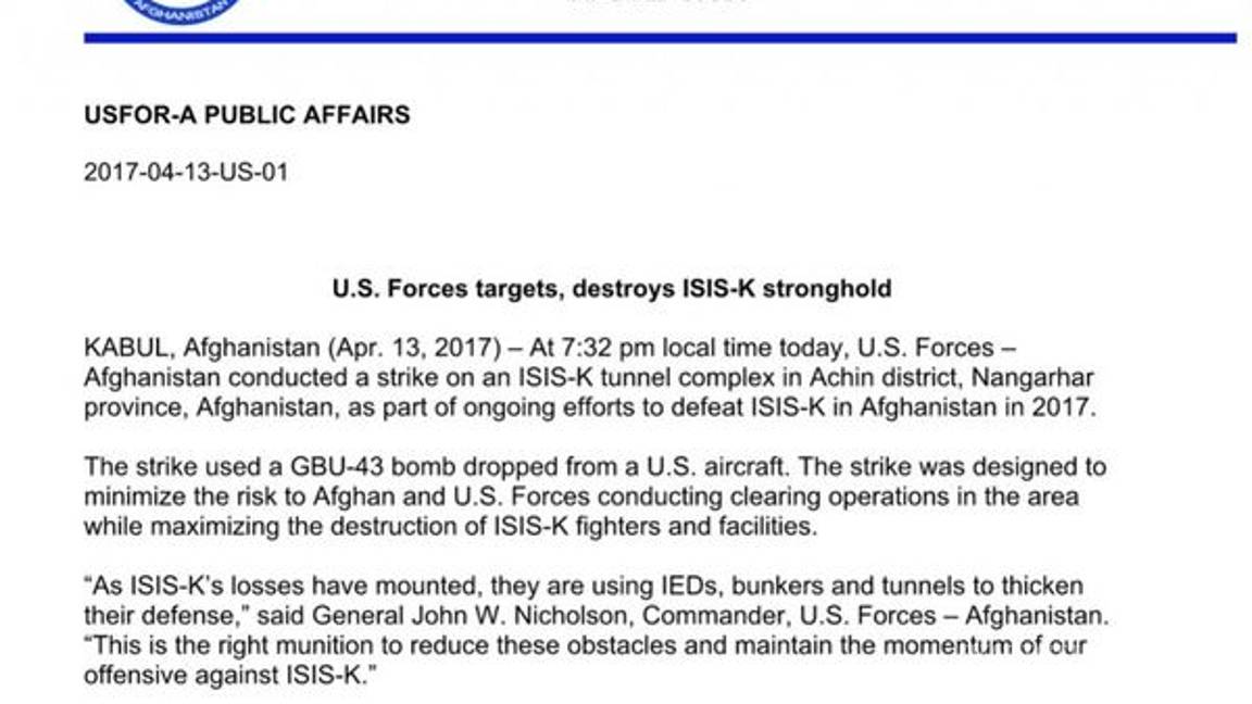 $!Estados Unidos lanza 'la madre de todas las bombas' contra el Estado Islámico en Afganistán