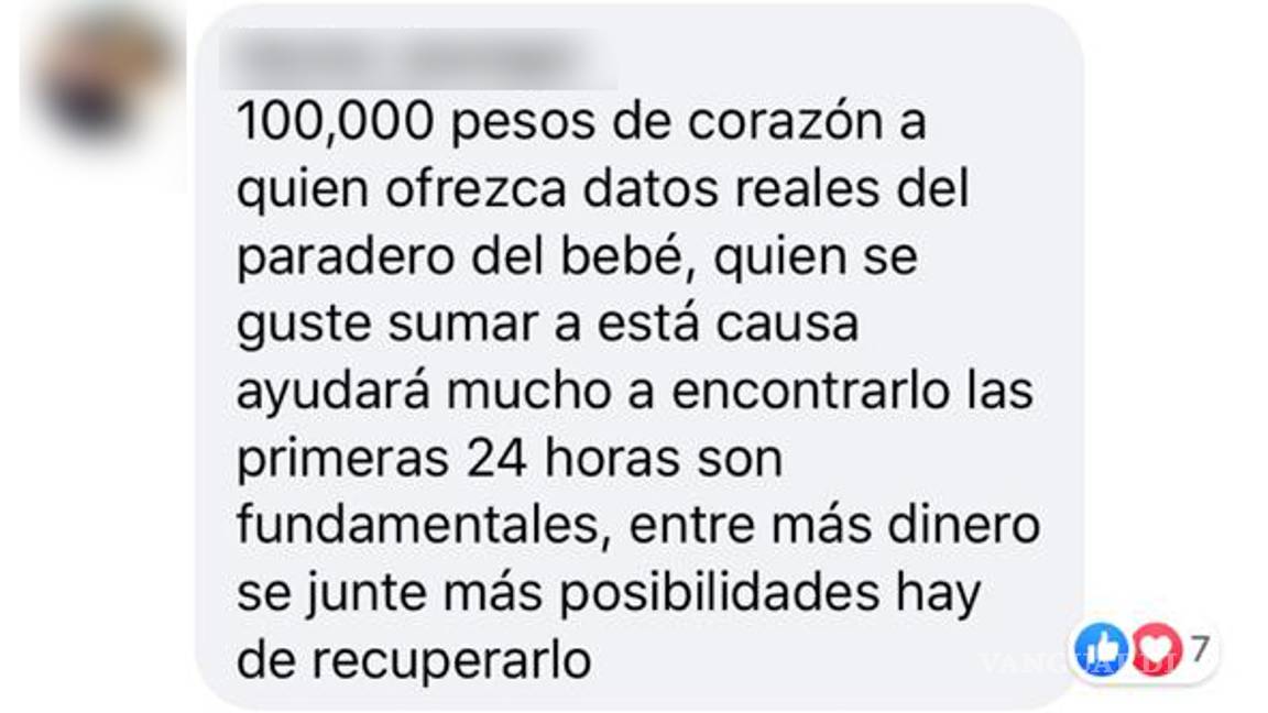 $!Ofrecen 100 mil pesos por datos reales de paradero de bebé secuestrada en Saltillo