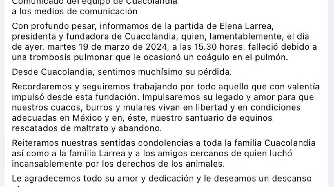 $!María Elena Larrea, activista fundadora de Cuacolandia, murió por esta razón