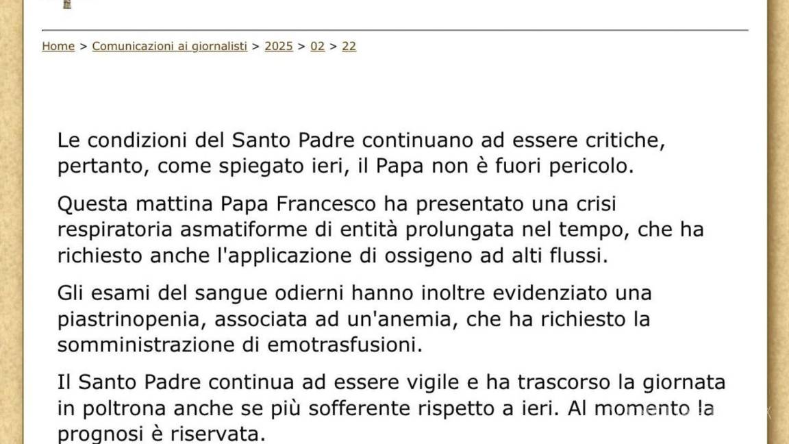 $!El papa Francisco permanece en estado crítico tras sufrir este sábado una crisis respiratoria por lo que se le tuvo que suministrar oxígeno.