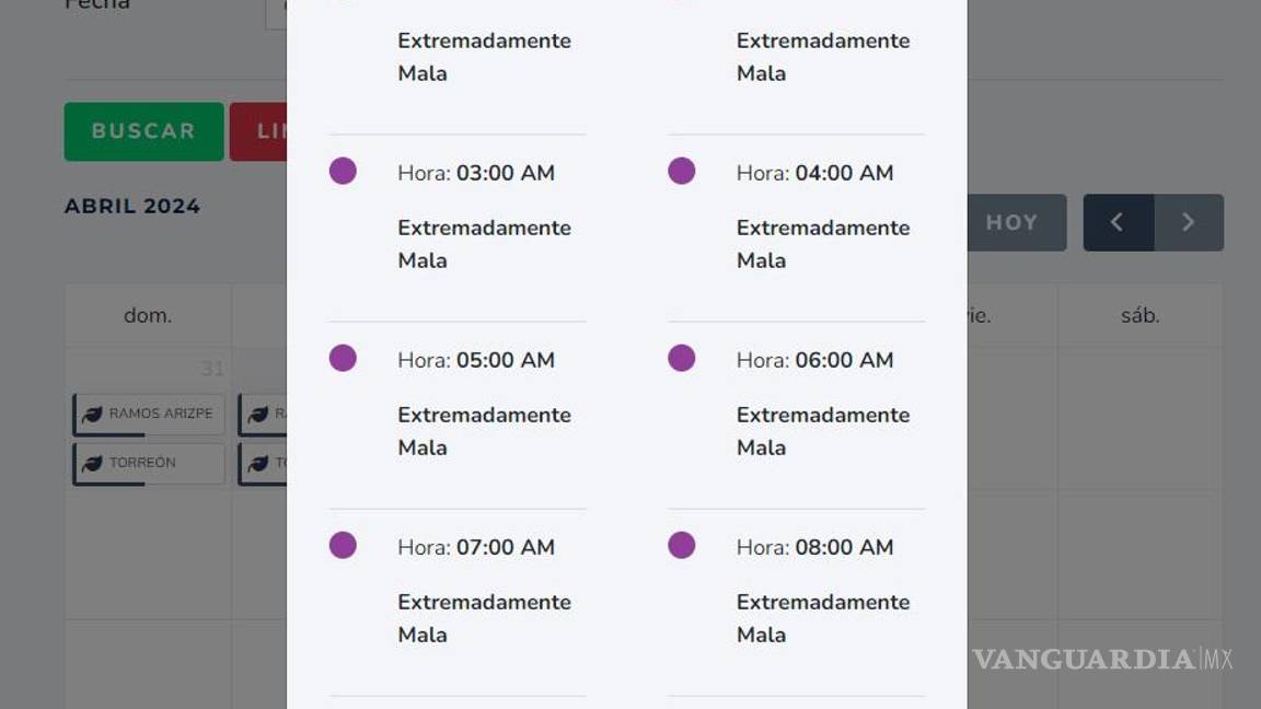 $!Sin embargo, en el mismo portal luego se reporta una extremadamente mala calidad del aire en Ramos Arizpe.
