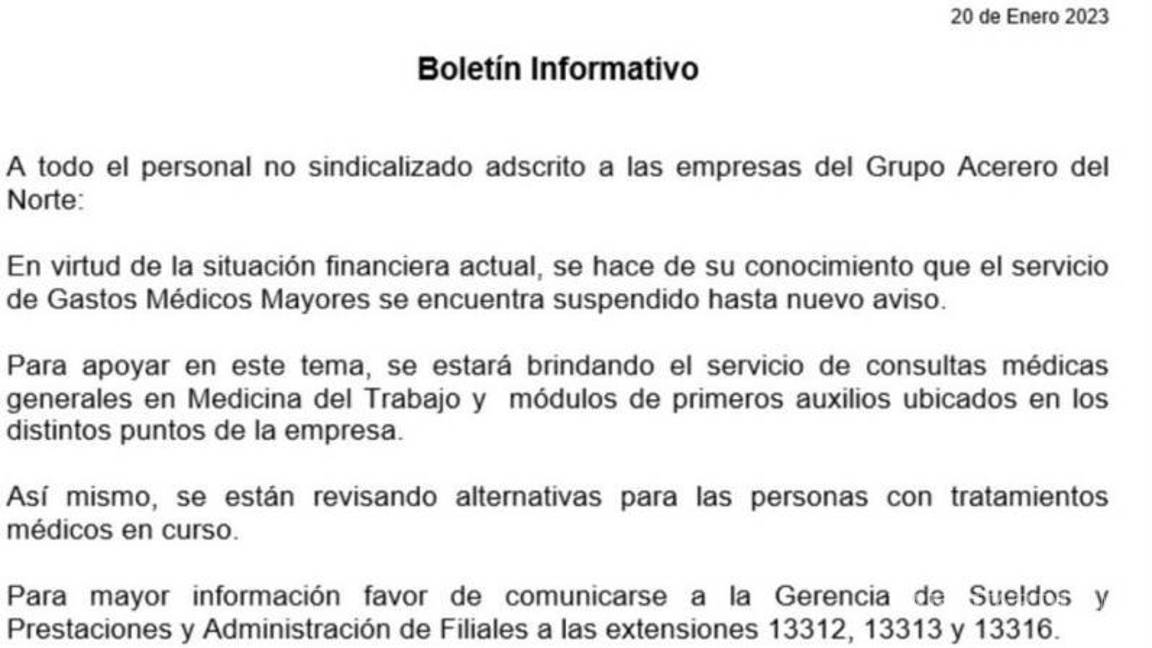 $!Boletín informativo donde la empresa comunica la suspensión del Servicio Médico de Gastos Mayores.
