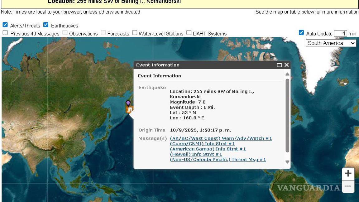 $!Reportan sismo de 7.8 en la costa oriental de Rusia; Estados Unidos activa alerta de tsunami
