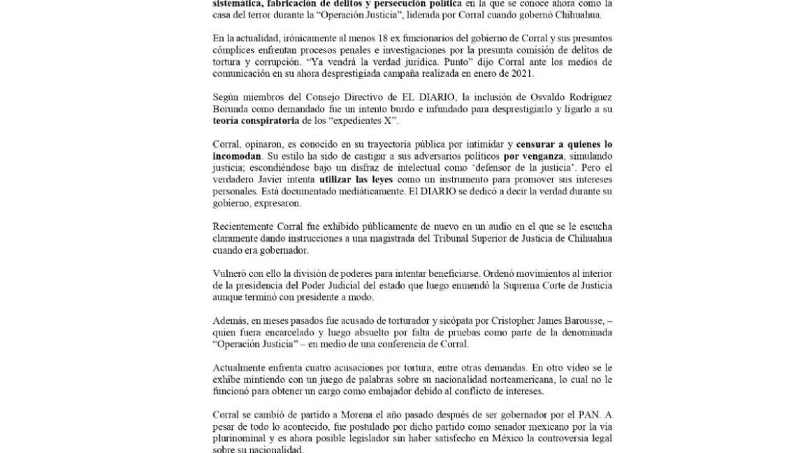 $!Javier Corral pierde demanda contra director de El Diario de Juárez
