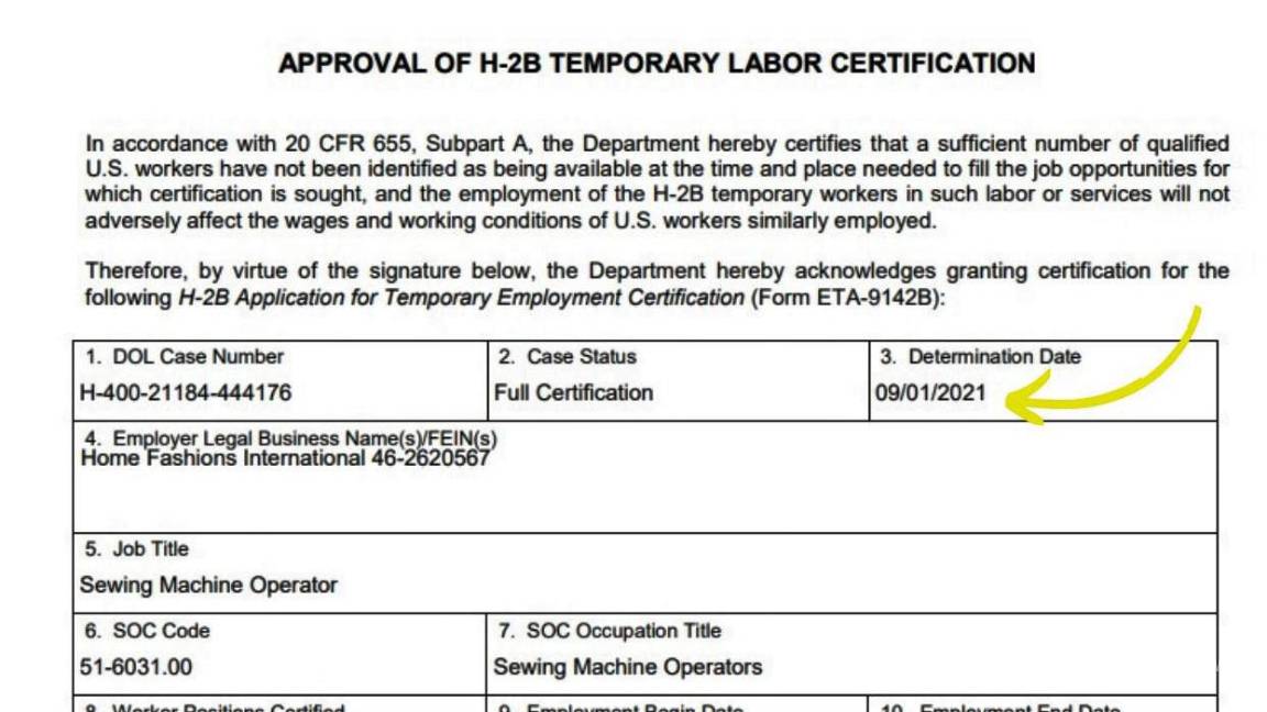 $!Certificación laboral expedida por el Departamento del Trabajo de los Estados Unidos a la empresa Home Fashions International LLC con sede en Carolina del Sur. Fuente: Administración Municipal de Ciudad Acuña.