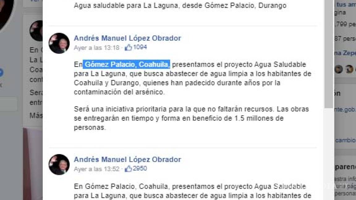 ¿Perdido? En página de AMLO ubican a Gómez Palacio, Durango, en... Coahuila